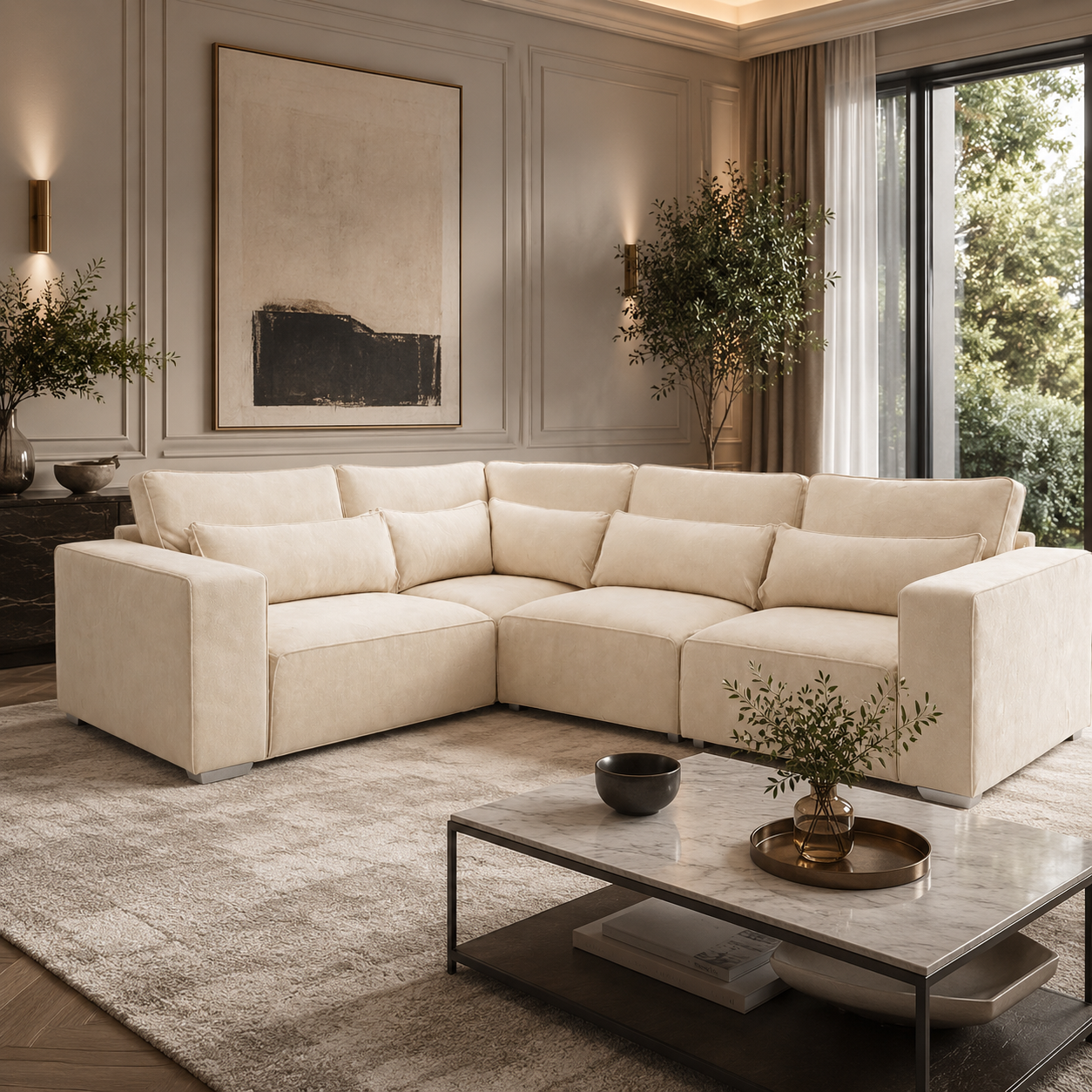 Luxury beige sectional sofa in modern living room with marble coffee table and abstract art