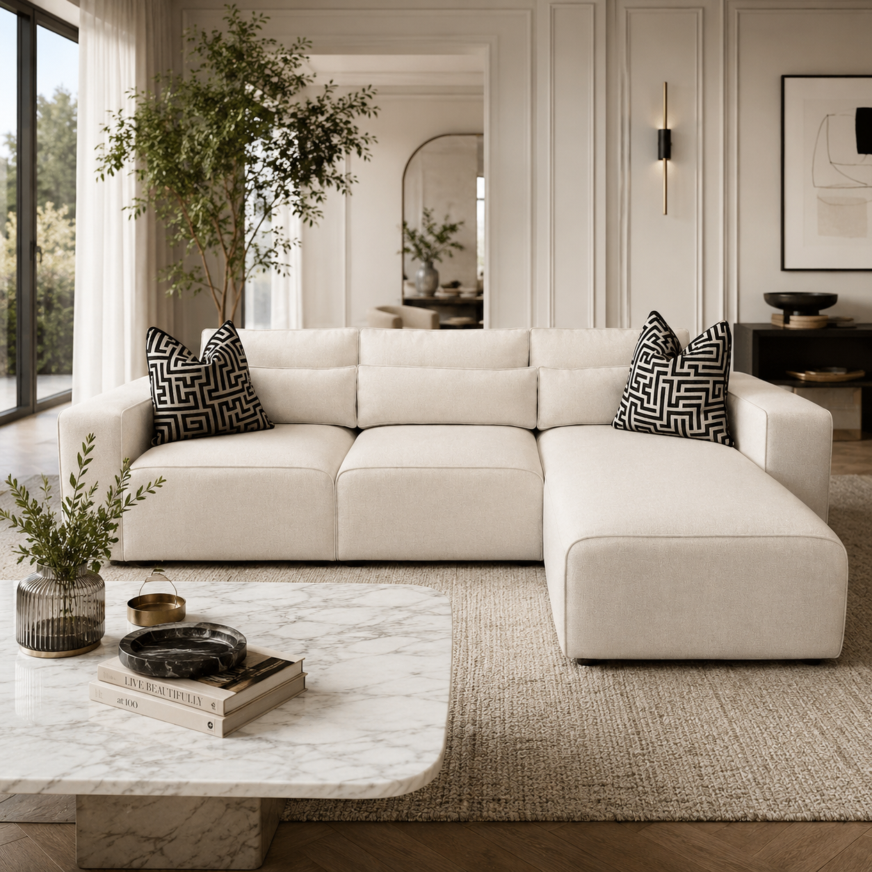 Luxury beige sectional sofa with geometric pillows in modern living room, marble coffee table, and large windows