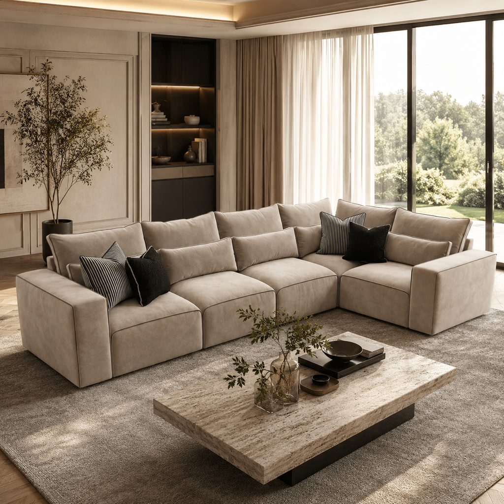 Luxury beige sectional sofa with black throw pillows in modern living room, perfect for UK homes