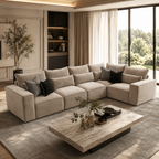 Luxury beige sectional sofa with black throw pillows in modern living room, perfect for UK homes
