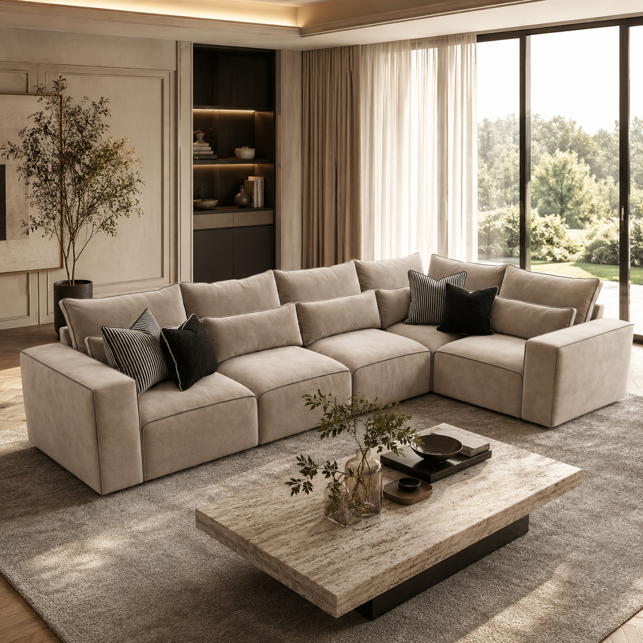 Luxury beige sectional sofa with black throw pillows in modern living room, perfect for UK homes