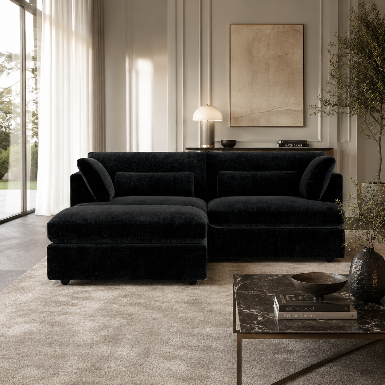 Luxury black velvet sectional sofa in modern living room with marble coffee table and large windows