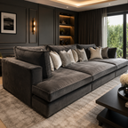 Luxury grey sectional sofa with plush cushions in modern living room, perfect for UK homes