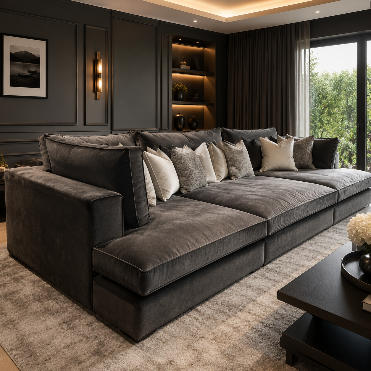 Luxury grey sectional sofa with plush cushions in modern living room, perfect for UK homes