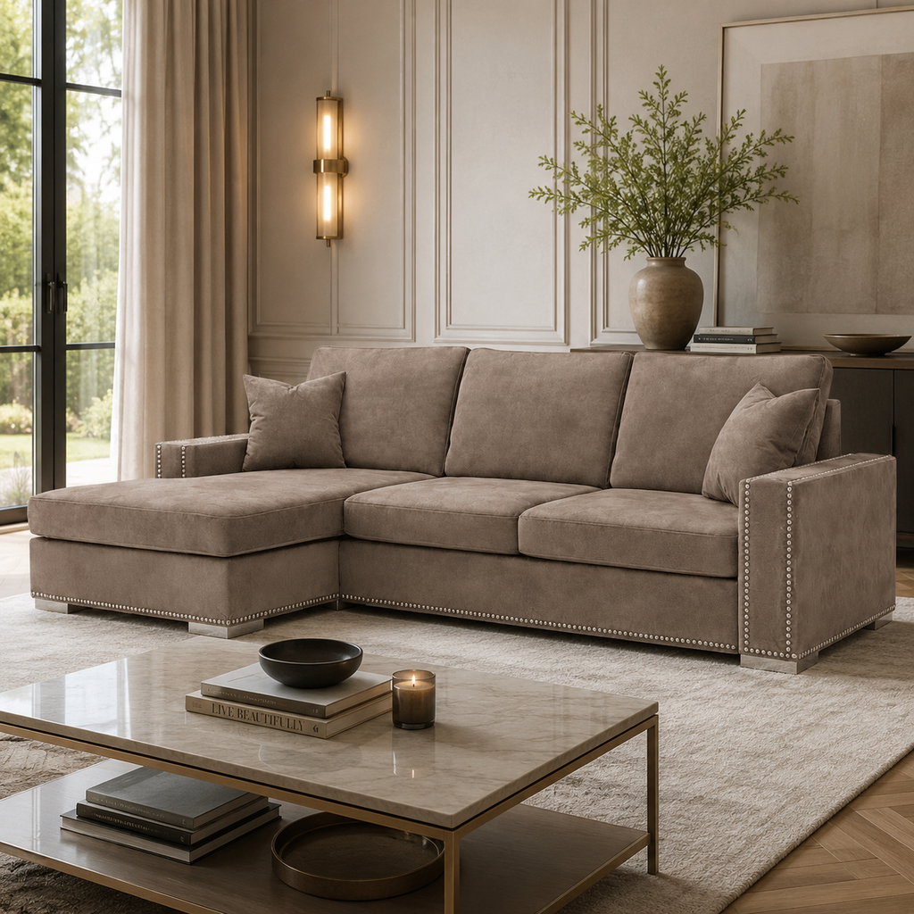 Luxury beige sectional sofa with nailhead trim in modern living room, perfect for UK homes