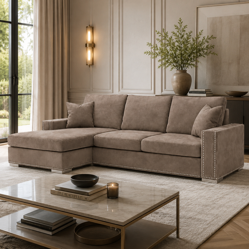 Luxury beige sectional sofa with nailhead trim in modern living room, perfect for UK homes