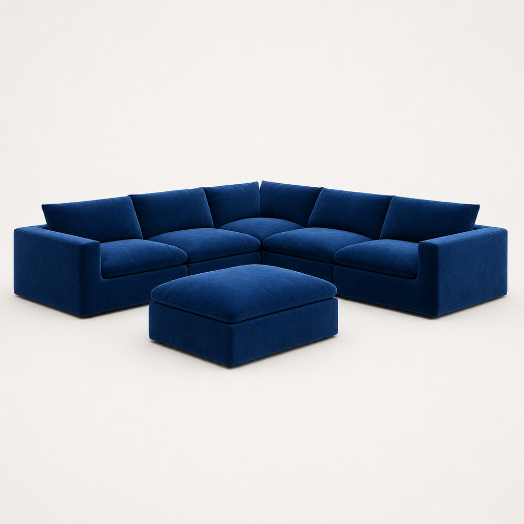 Luxury navy blue velvet sectional sofa with matching ottoman, modern design for living room comfort