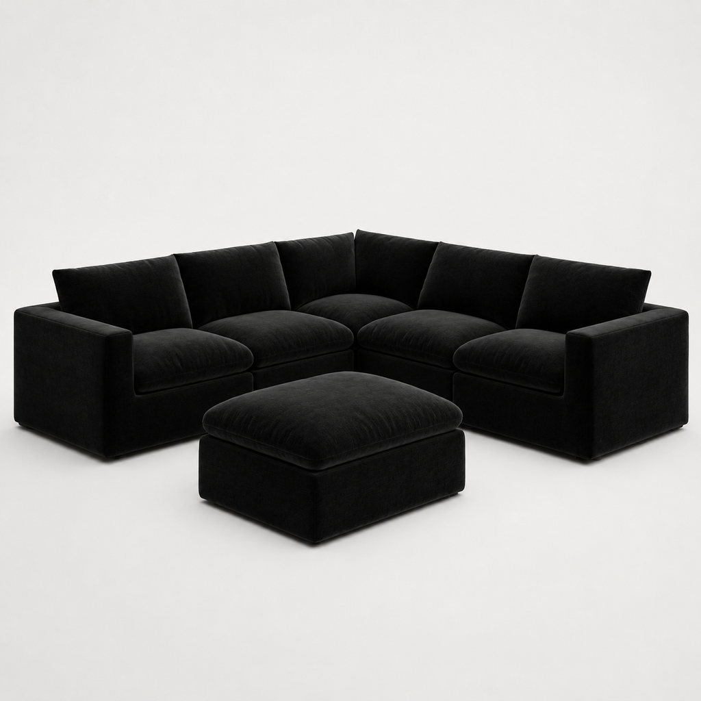 Black velvet sectional sofa with matching ottoman, modern luxury living room furniture