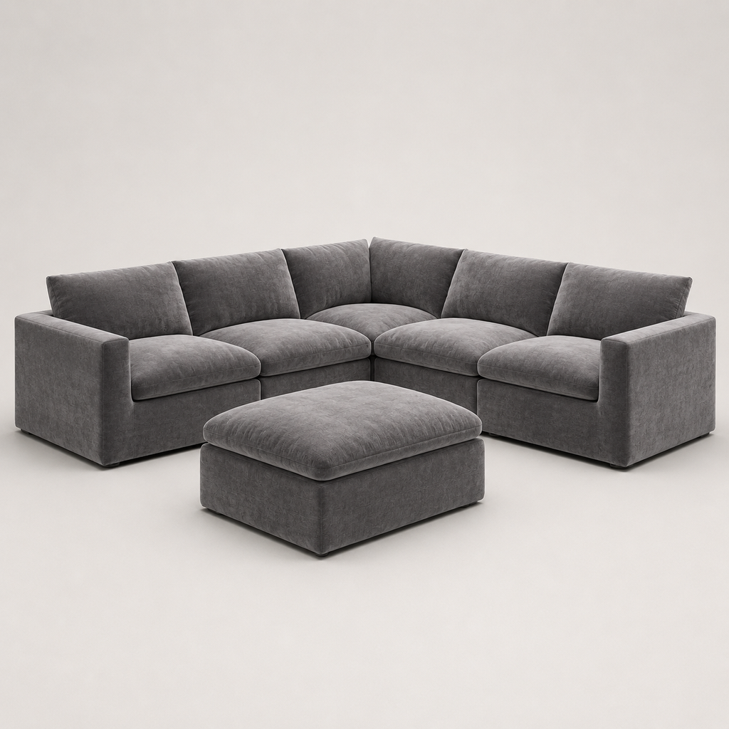 Gray sectional sofa with matching ottoman, modern luxury living room furniture
