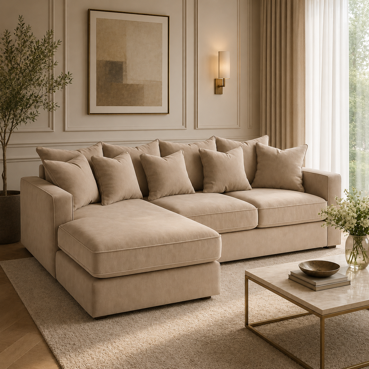 Luxury beige sectional sofa with chaise lounge in modern living room, perfect for UK homes