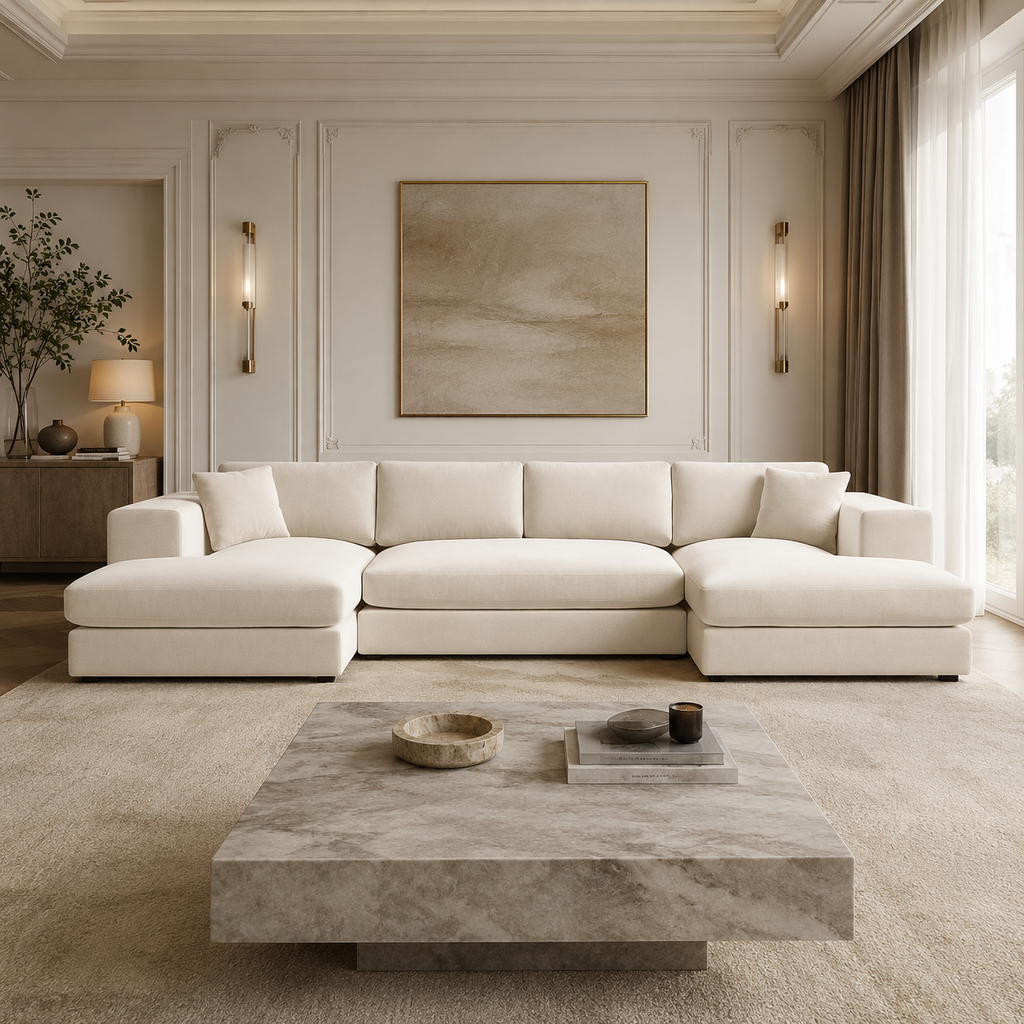Luxury cream sectional sofa in elegant living room with marble coffee table and ambient lighting
