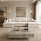 Luxury cream sectional sofa in elegant living room with marble coffee table and ambient lighting