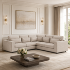 Luxury beige sectional sofa in elegant living room with modern art and gold sconces