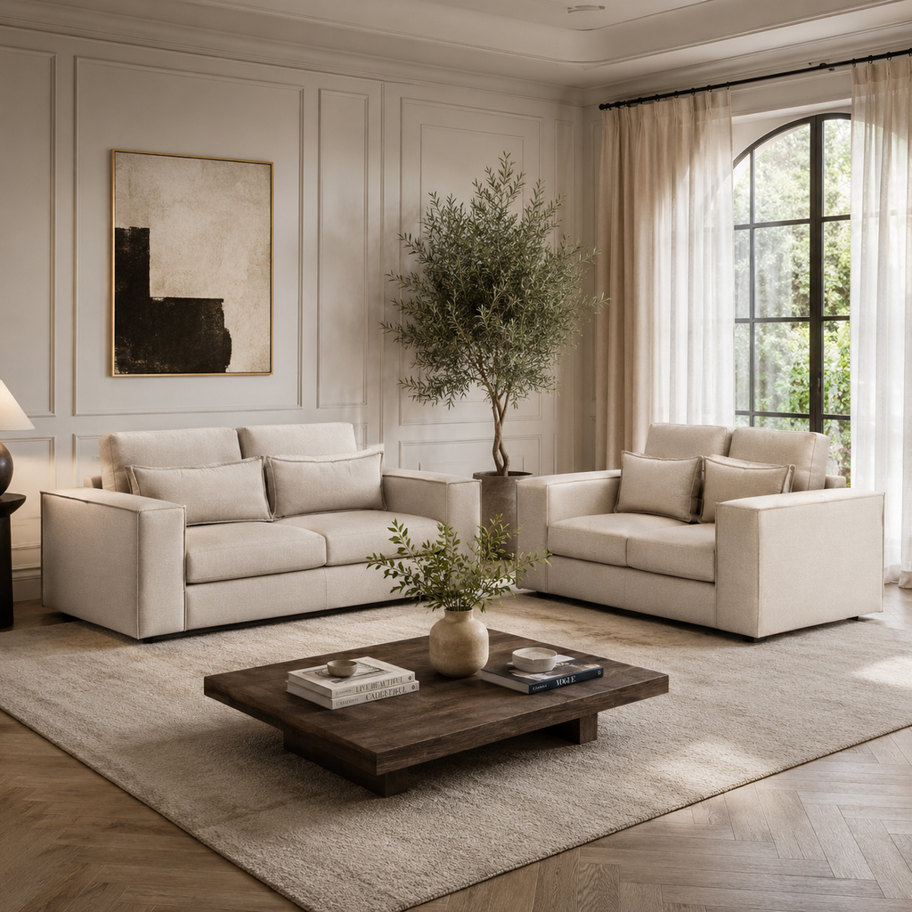 Luxury beige sofas in elegant living room with wooden coffee table, rug, and large window