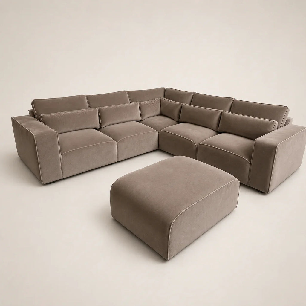 Luxury grey velvet sectional sofa with matching ottoman, modern modular design for living room comfort
