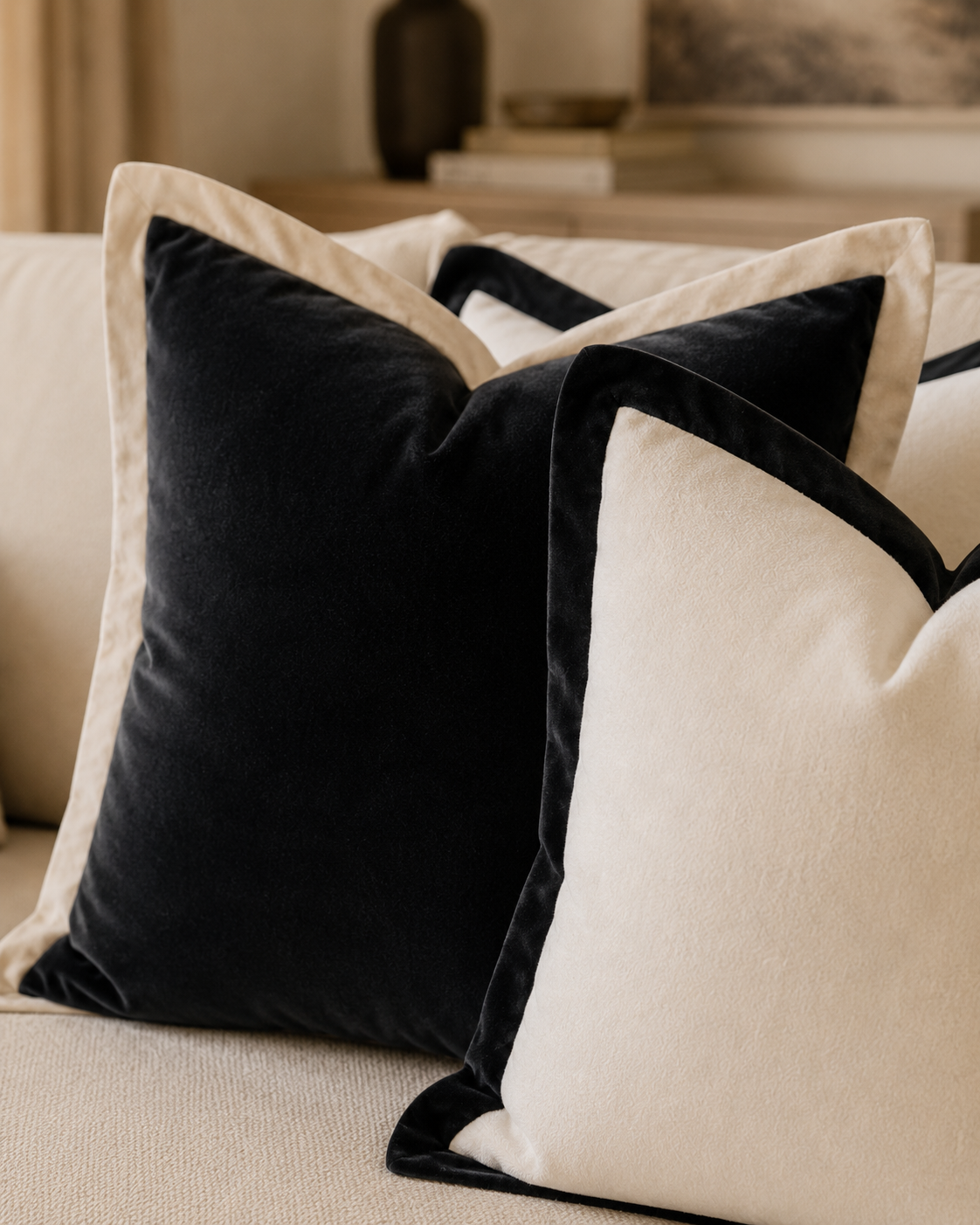 Luxury black and cream velvet throw pillows on a beige sofa, perfect for modern living room decor.