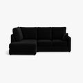 Modern black L-shaped sectional sofa with clean lines on a white background.