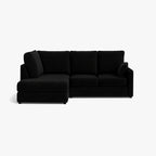Modern black L-shaped sectional sofa with clean lines on a white background.