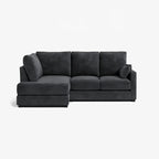 Modern dark grey L-shaped sectional sofa with plush cushions on a white background