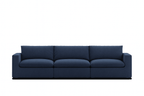 Modern navy blue three-seater sofa with plush cushions and square arms on white background