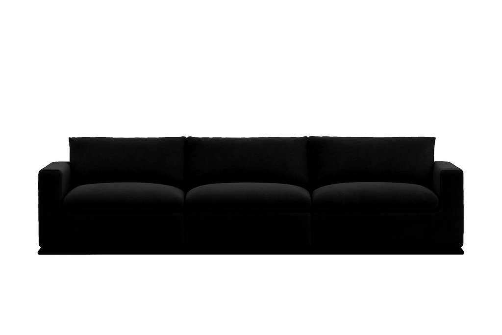 Modern black three-seater sofa with plush cushions on a white background
