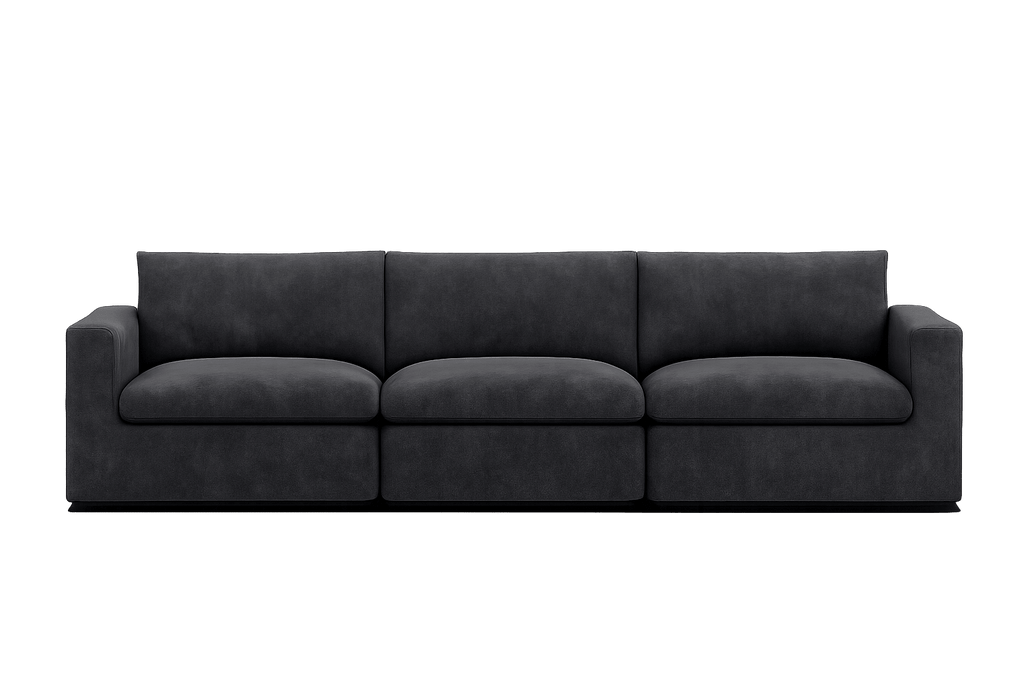Modern dark grey three-seater sofa with boxy arms and plush cushions