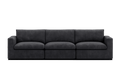Modern dark grey three-seater sofa with boxy arms and plush cushions