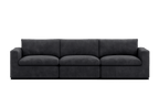 Modern dark grey three-seater sofa with boxy arms and plush cushions