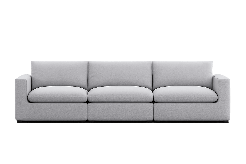 Modern light grey three-seater sofa with square arms and plush cushions