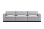 Modern light grey three-seater sofa with square arms and plush cushions