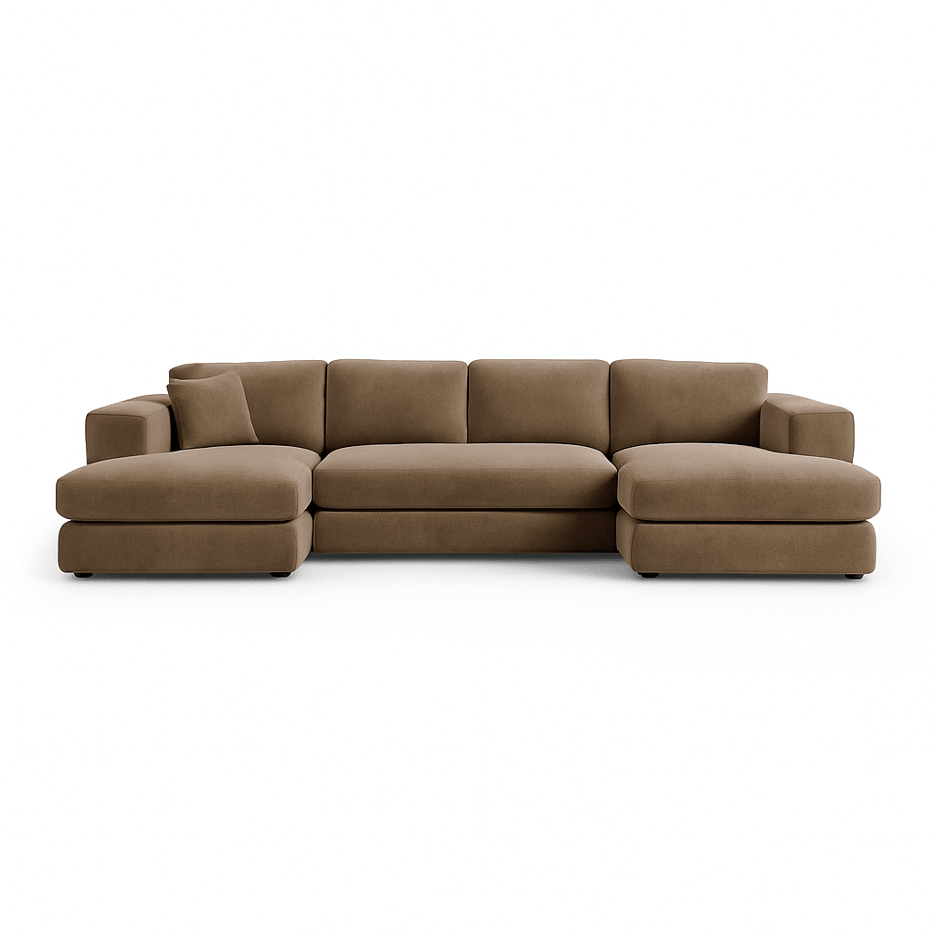 Modern brown sectional sofa with chaise lounge and pillow, luxury living room furniture