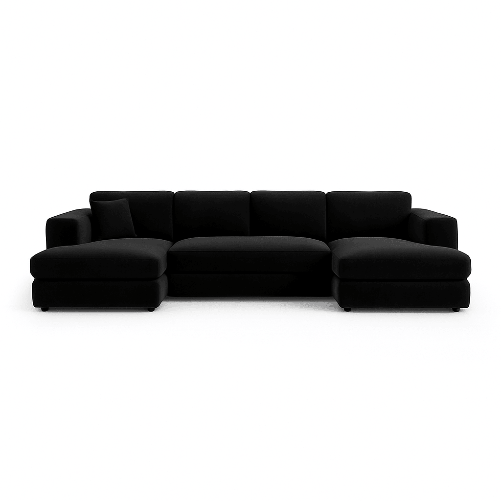 Black velvet L-shaped sectional sofa with chaise on white background