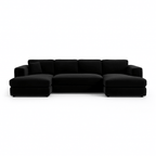 Black velvet L-shaped sectional sofa with chaise on white background