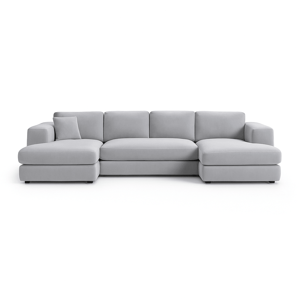Modern light grey L-shaped sectional sofa with chaise and plush cushions
