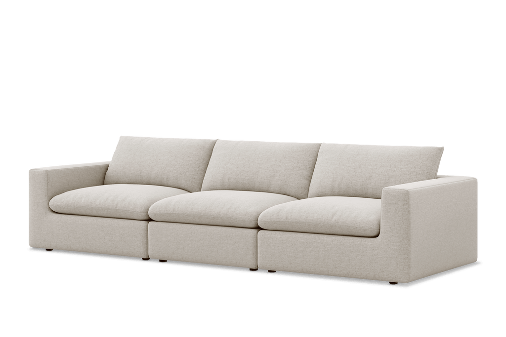 Modern beige linen extended sofa with three seat cushions and square arms