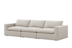 Modern beige linen extended sofa with three seat cushions and square arms