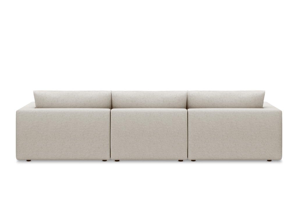 Beige linen extended sofa with three back cushions, modern minimalist design