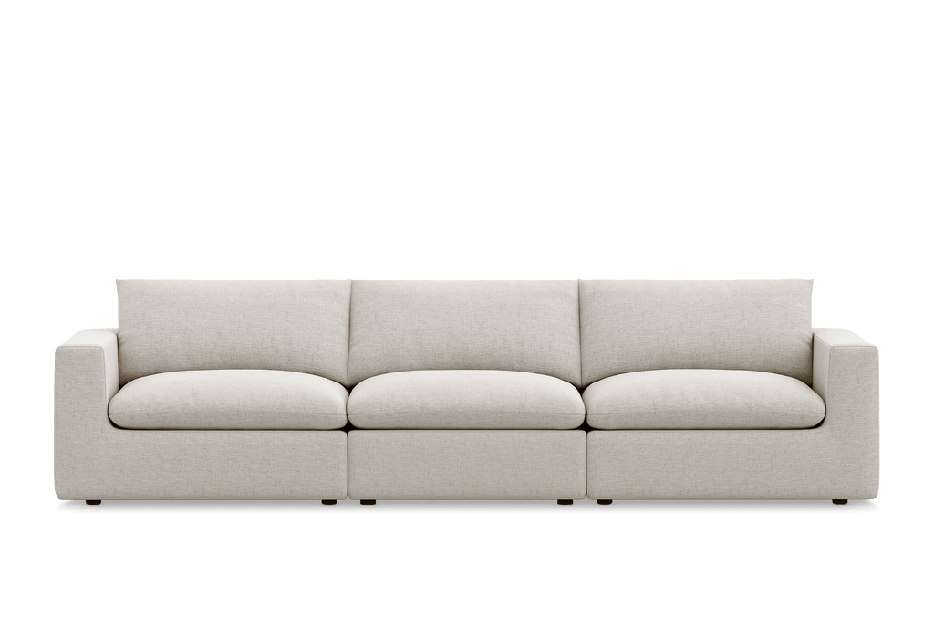 Modern beach linen extended sofa with three seat cushions, front view
