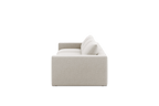 Side view of a modern extended beige linen sofa with plush cushions