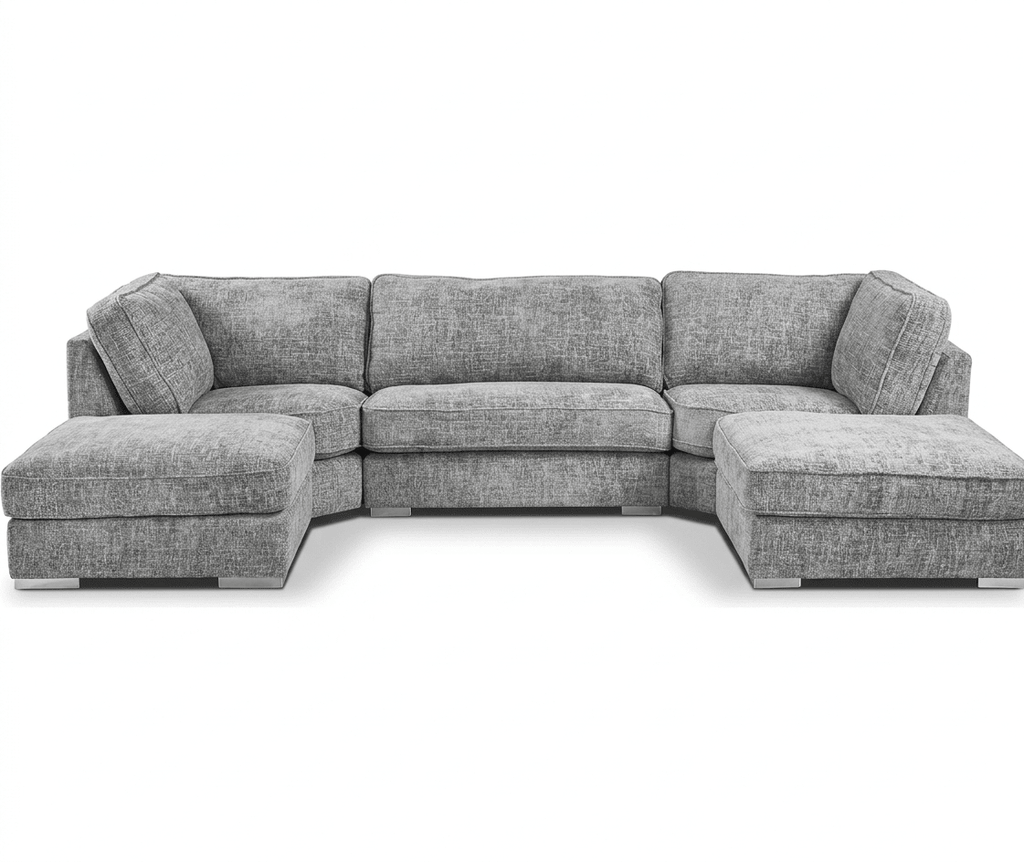 Modern grey L-shaped sectional sofa with textured fabric and plush cushions
