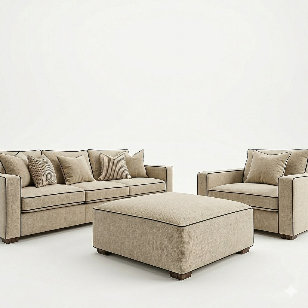 Vesper Piped Sofa Set – 3 Seater, Armchair & Footstool