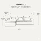 Raffaelo medium left-hand facing sofa with chaise, width 265cm, modern design, dimension diagram.