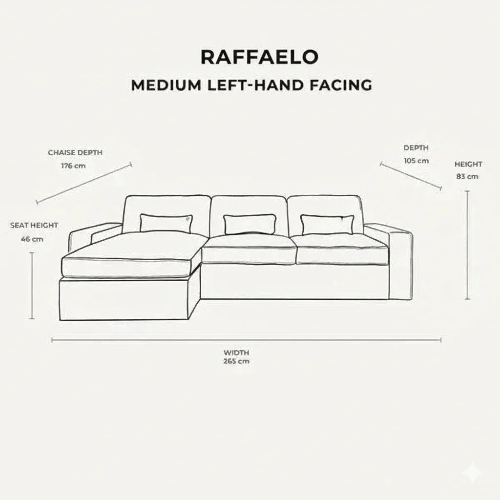 Raffaelo medium left-hand facing sofa with chaise, width 265cm, modern design, dimension diagram.