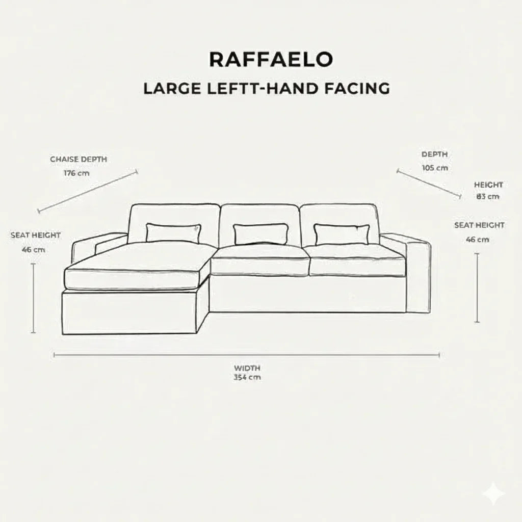Large left-hand facing sectional sofa dimensions diagram with chaise and three cushions.