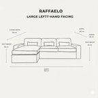Large left-hand facing sectional sofa dimensions diagram with chaise and three cushions.