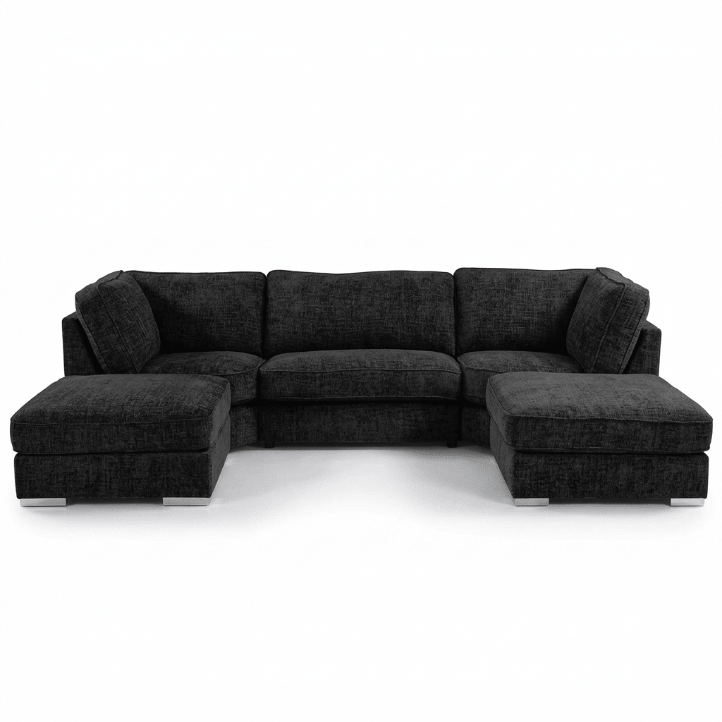 Modern dark grey L-shaped sectional sofa with spacious chaise and metal legs on white background
