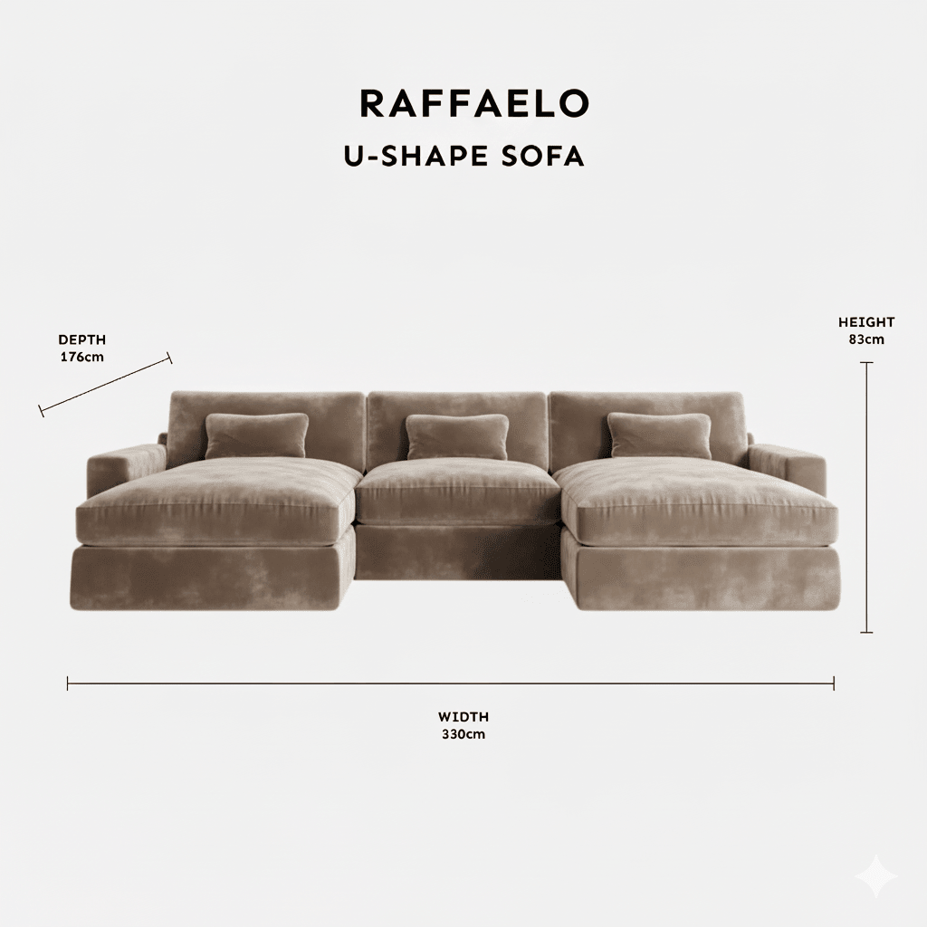 Raffaelo U-shape sofa with plush cushions in taupe, 330cm wide, 176cm deep, 83cm high