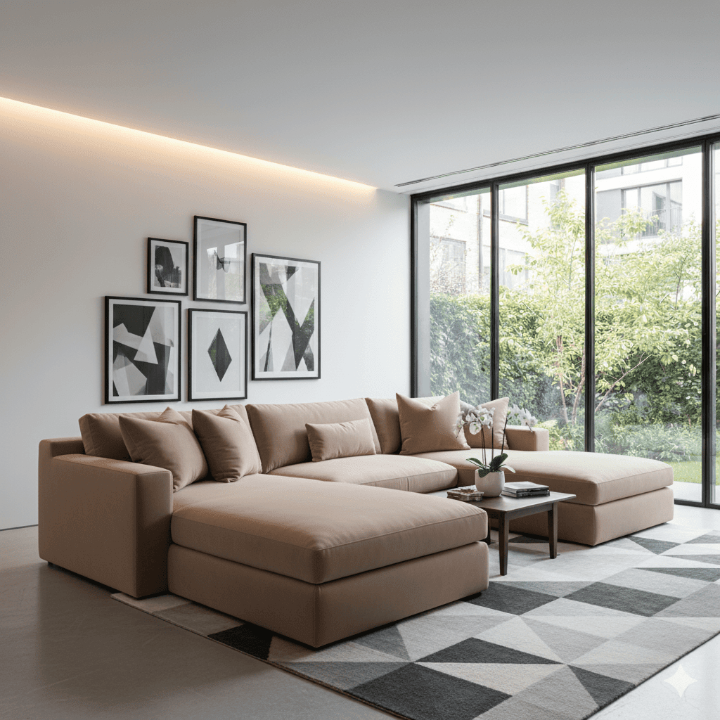 Modern beige sectional sofa in contemporary living room with large windows and geometric rug