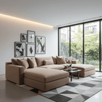 Modern beige sectional sofa in contemporary living room with large windows and geometric rug
