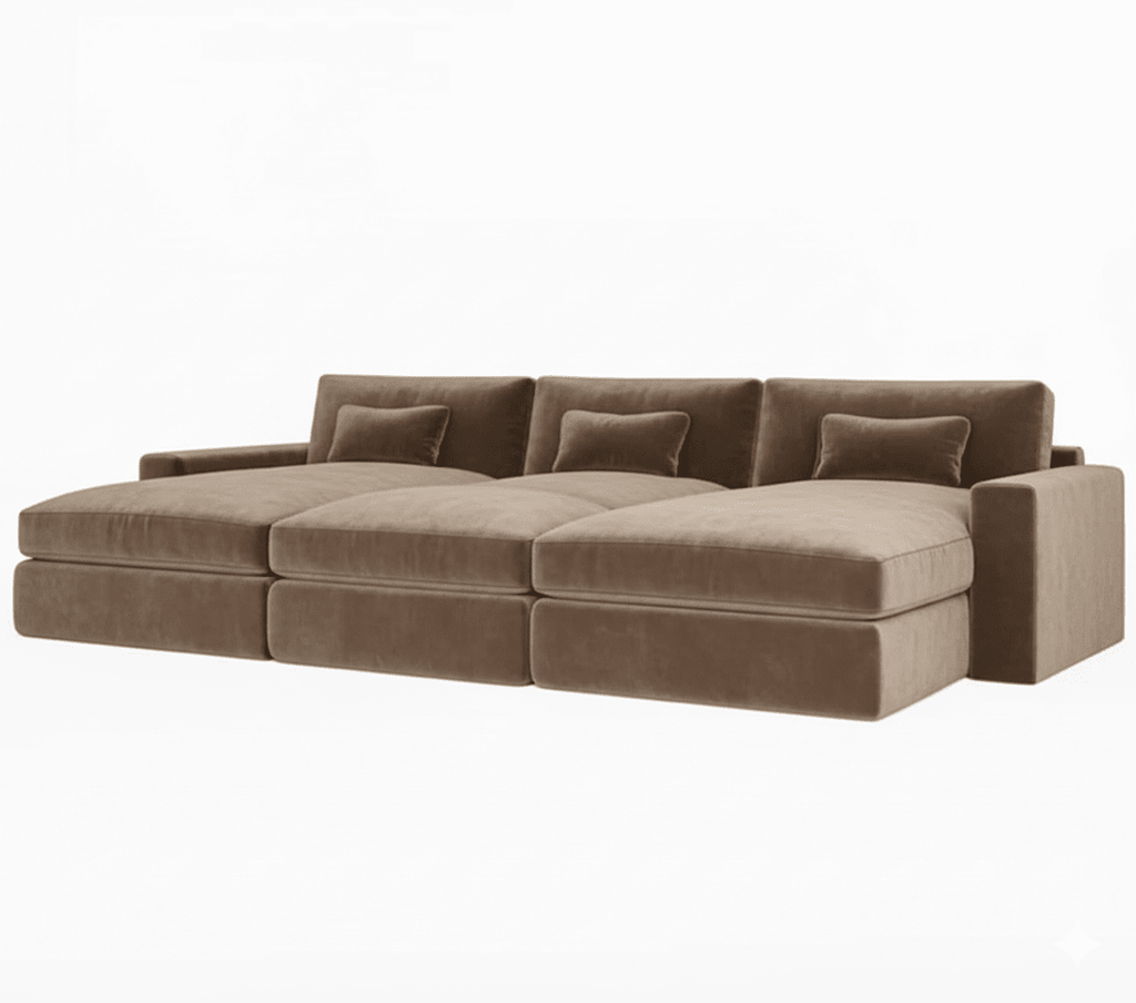 Large modern brown velvet sectional sofa with plush cushions and low profile design